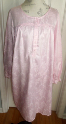 NEW SILKY PINK BRUSHBACK w/LACE ADONNA WOMEN'S LONG SLEEVE NIGHTGOWN SIZE LARGE