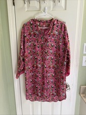 Josie Natori Sleepshirt Gown Sz S Oriental Geisha Pink Figural FLAW READ