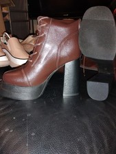 Brown Knee High Platform Block Heel Lace Up Zipper Round Toe Boots Women