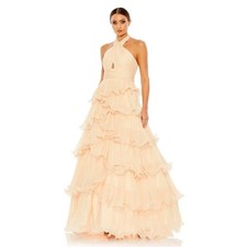 NWT Mac Duggal Ruffle Tiered Skirt Halter Neck‎ Dress Peach $598