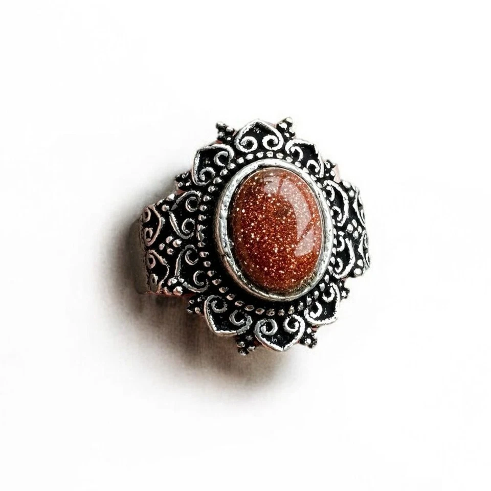 Novo na Caixa Anel Declaração Boho Banda de Filigrana Prata Pedra Dourada Marrom Tamanho 4.5 - Imagem 2 de 4