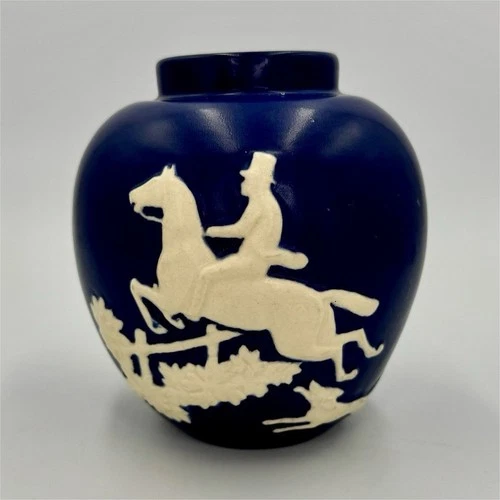 1920s Weller Chase Art Pottery Fox Hunt Equestrian Scenic Blue Vase