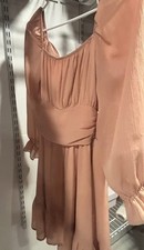 Beige Chiffon Square Neck Puff Sleeve Fit  Flare Short Dress Ruffle Bow S