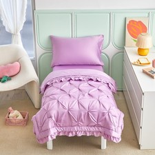 4 Pieces Pinch Pleated Toddler Bedding Set with Ruffle Fringe, Solid Color Pu...