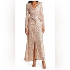 Eliza J Sequined Wrap Front Long Sleeve Gown in Champagne gold sequin bow sz 14W