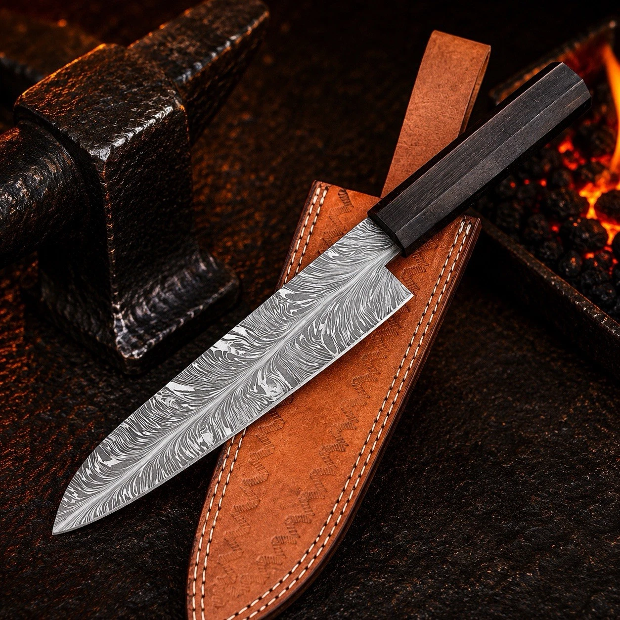 Handmade Feather Pattern Damascus Chef Knife with Leather Sheath, Razor Sharp