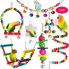7PCS Bird Toy Wood Parrot Toys Set Cage Bird Accessories Swing Suspension Bridge