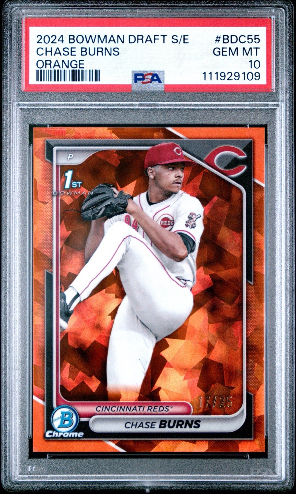 2024 Bowman Draft Sapphire - Chase Burns - Orange /25 - 1st RC - PSA 10 GEM MINT