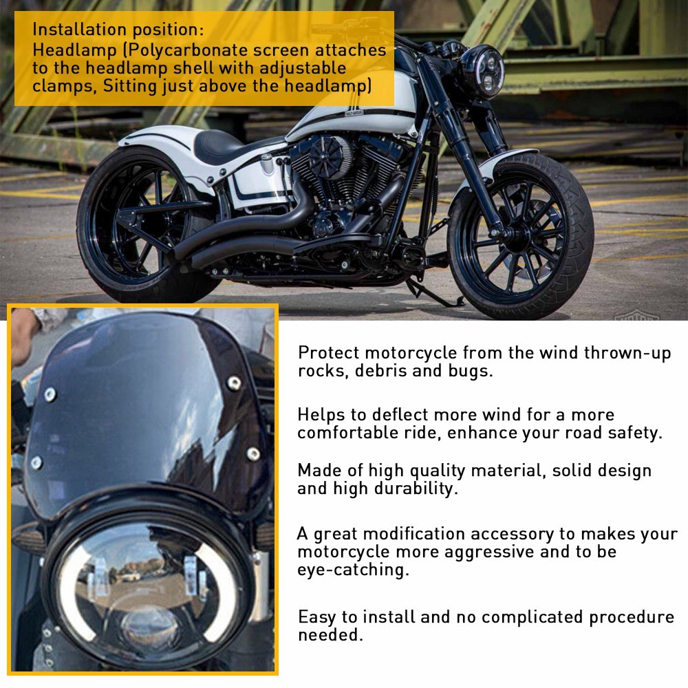 5-7" Motorcycle Front Flyscreen Windscreen Headlamp Windshield + Mount Bracket K