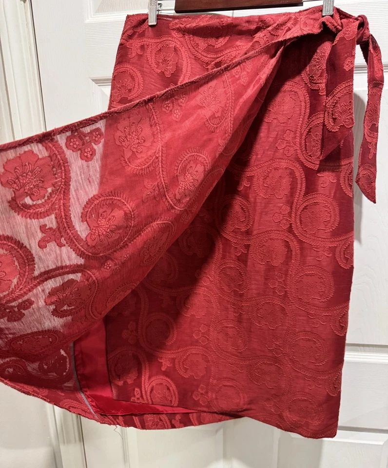 Falda envolvente vintage Talbots seda lino rojo jacquard floral texturizada talla 12 Foto 2 de 4