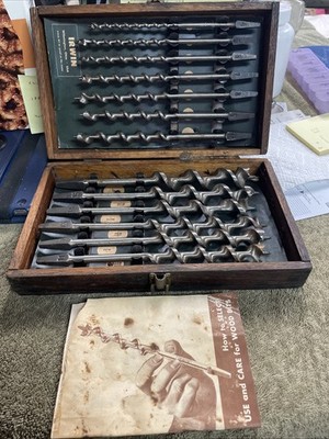 Vintage Irwin Complete 13 Piece Set of Auger Brace Bits w/ Wood Box Made in USA