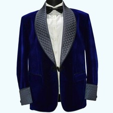 Men's Quilted Blue Velvet Smoking Jacket Party Wear Elegant Dinner Blazer