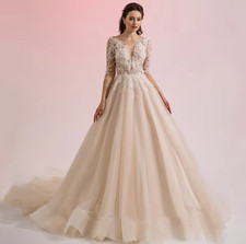 Champagne Wedding Dress with Beading Applique Illusion Long Sleeves V Neck