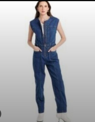 Sleeveless Denim Zip Front Jumpsuit Blue Pockets Belt Loops