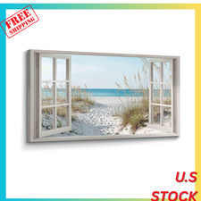 Beach Window Wall Art Canvas: Relaxing Bedroom Living Room Blue Ocean Coastal Sc