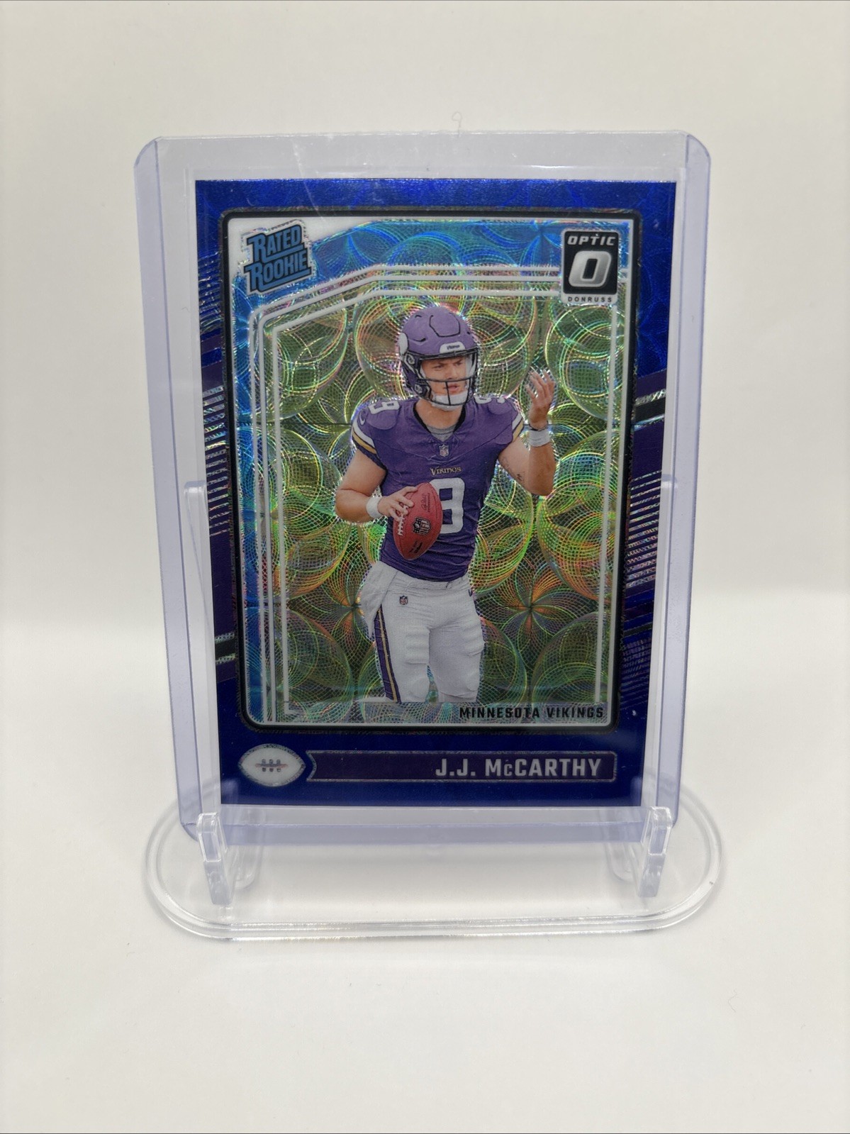 2024 Panini Donruss Optic Rated Rookie J.J. McCarthy #235 Blue Scope Prizm (RC)