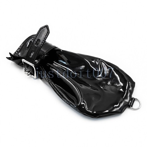 BDSM Bondage Patent Black Leather Dog Gloves Handcuff Lockable Restraint Mittens - Picture 7 of 11