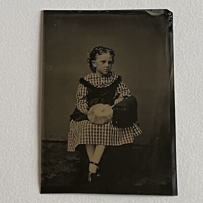 Antique Tintype Photograph Adorable Little Girl Plaid Dress Odd Object Fur