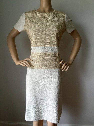 ST JOHN KNIT DRESS EVENING SIZE 4 DRESS WHITE CREAM SHIMMER GOLD TWEED KNIT WOOL - 第 1/8 張圖片