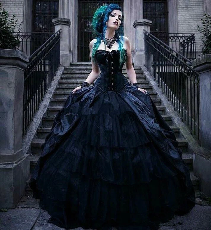 Victorian Black Wedding Dress Gothic Punk Style Strapless Country Vintage Gowns - Image 2 of 4
