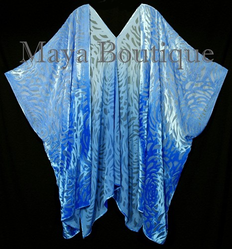 Maya Matazaro Blue Ombre Camellia Burnout Velvet Caftan Kimono Jacket Hand Dyed - Picture 4 of 6