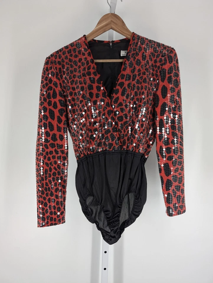 Vintage 80s Sequin Red Leopard Print Catsuit One-piece Knit Sweater Shirt USA - Image 2 of 4