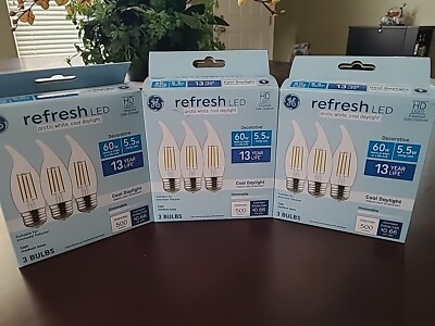 Lot of 3 Boxes 9 BULBS Ge Refresh LED Artic White, Cool Daylight 60W Medium Base