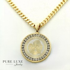 Men's 24" Stainless Steel Cuban Necklace 35mm CZ ANGEL Charm Gold plated BOX