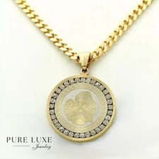 Men's 24" Stainless Steel Cuban Necklace 35mm CZ ANGEL Charm Gold plated*BOX