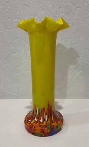 Vintage Czech Glass Art 8" Ruffle Top Vase Yellow w/Multicolor Splatter - Picture 3 of 6