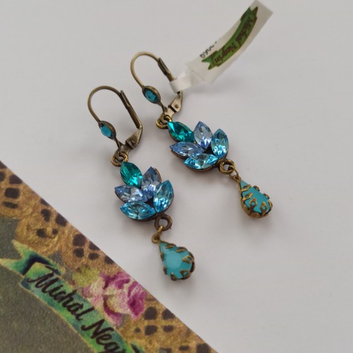 Michal Negrin Earrings Blue Shades Leaves Cluster Royal Sparkly Crystals Long - Picture 11 of 15
