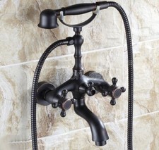 Oil Rubbed Bronze Cross Handle Wall Mount Bathtub Clawfoot Faucet w/ Hand Shower