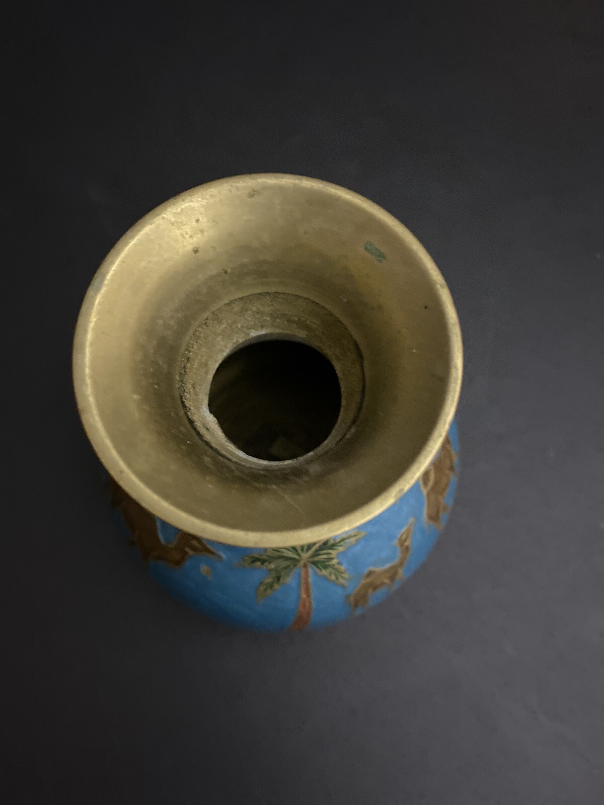 Vintage Enameled Solid Brass Vase KUWAIT Camels Palm Trees 6 Inches