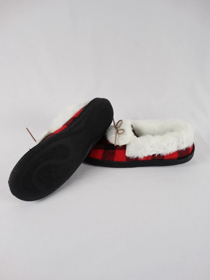 Women's Casual Slippers Red Check Fuzzy Fleece Lining Memory Foam House Shoes - Image 4 of 4
