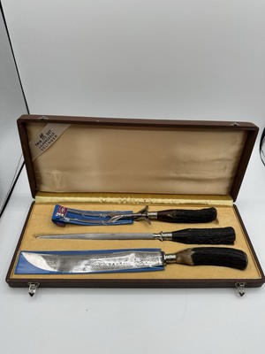 Antique J.A. Henckels Etched Stag Antler 3-piece Carving Set  Solingen Germany