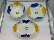 Qty 3 Maxam Vtg Italy Daisy Yellow/Blue Hand Painted Serving Bowls and Platter