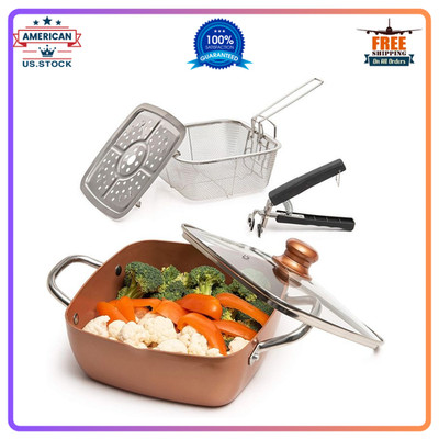 5 Pcs Copper Chef Cookware Set 9.5  Non Stick Deep Frying Pan Fry Basket