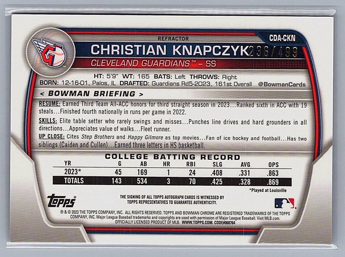 2023 Bowman Draft #CDA-CKN Christian Knapczyk Chrome Auto Refractor Chrome view 2