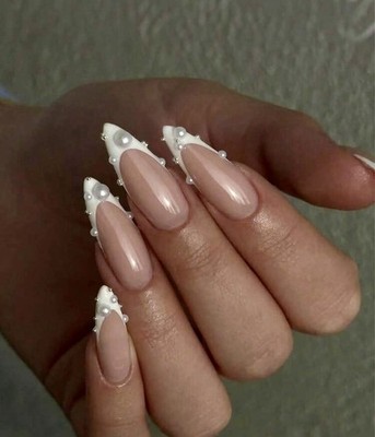 Pearl Embellished Nude & White Stiletto  Press-On Nails