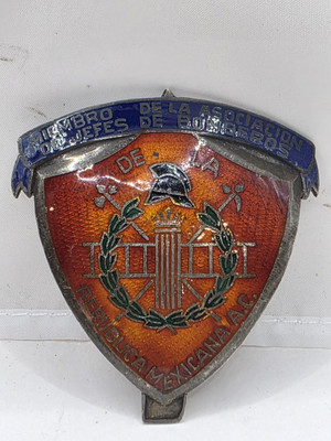 Antique Mexican High Quality Silver .996 Enamel firefigther Chief Badge, 60X65mm