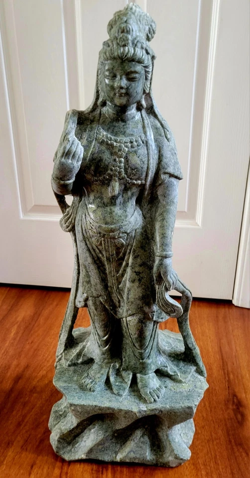 Китайская статуя Гуань Инь большая 28 дюймов 50 фунтов зеленый камень змеевик? Редкая статуэтка! - Изображение 3 из 4