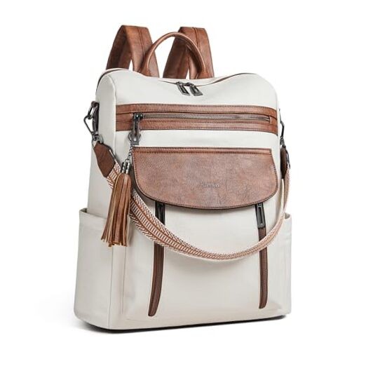 Stylish Beige & Brown Leather Laptop Backpack for Women Fits 15.6 Inch Devices-image