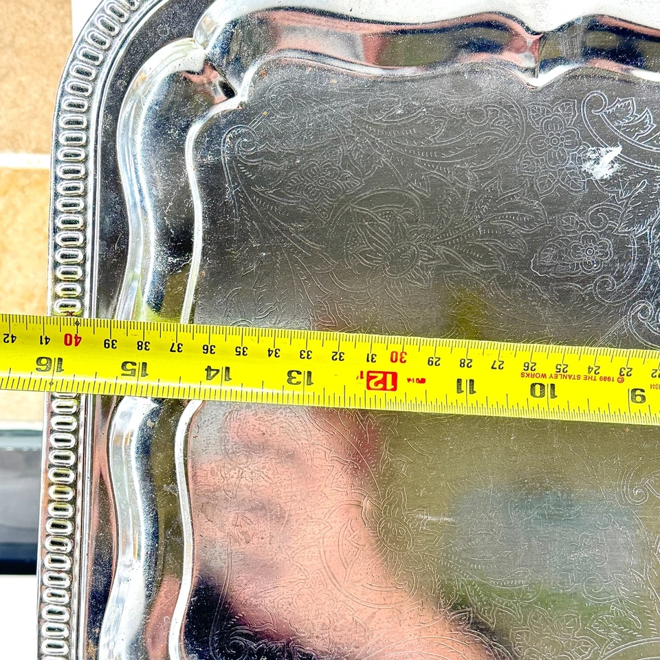 VINTAGE RECTANGULAR ENGRAVED CHROME PLATED SERVING TRAY - Image 4 of 4