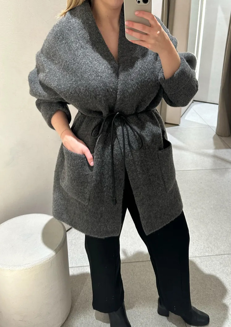 NEW ZARA GREY WOOL KNIT COAT WITH BELT SIZE L RARE