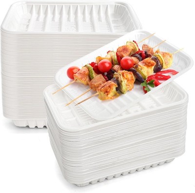 300 Pack White Plastic Meat Tray, 8 Inch Rectangular Disposable Plates, Mineral