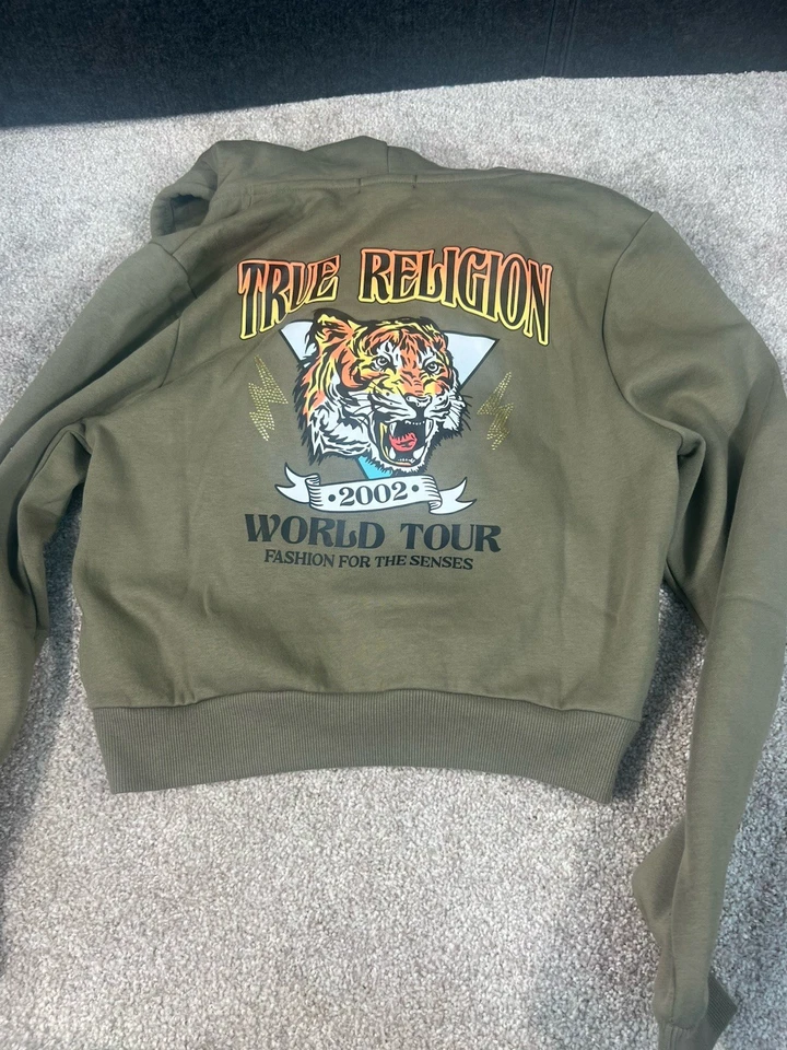 Sudadera con capucha True Religion color verde gira mundial gráfico cremallera completa para mujer talla L nueva con etiquetas Foto 3 de 3