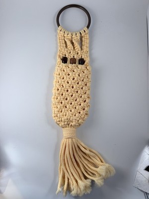 Boho Macrame Vinyl Cord Owl Wine/bottle Holder Wallhanging Decor Folk Art 1970's
