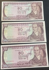 COLOMBIA THREE NOTES ALL 50 PESOS STAR REPLACEMENT 1981, 83, 85 UNC
