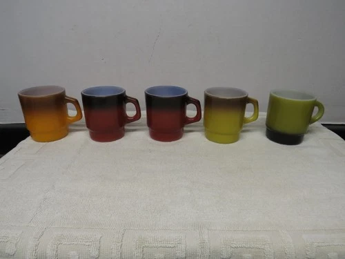 5 Vintage Anchor Hocking Fire King Multi-Color Stackable Milk Glass Mugs
