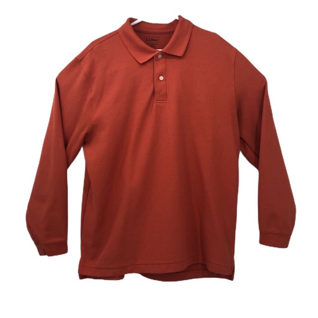LL Bean Mens Polo Shirt Orange Long Sleeves Traditional Fit 100 Cotton